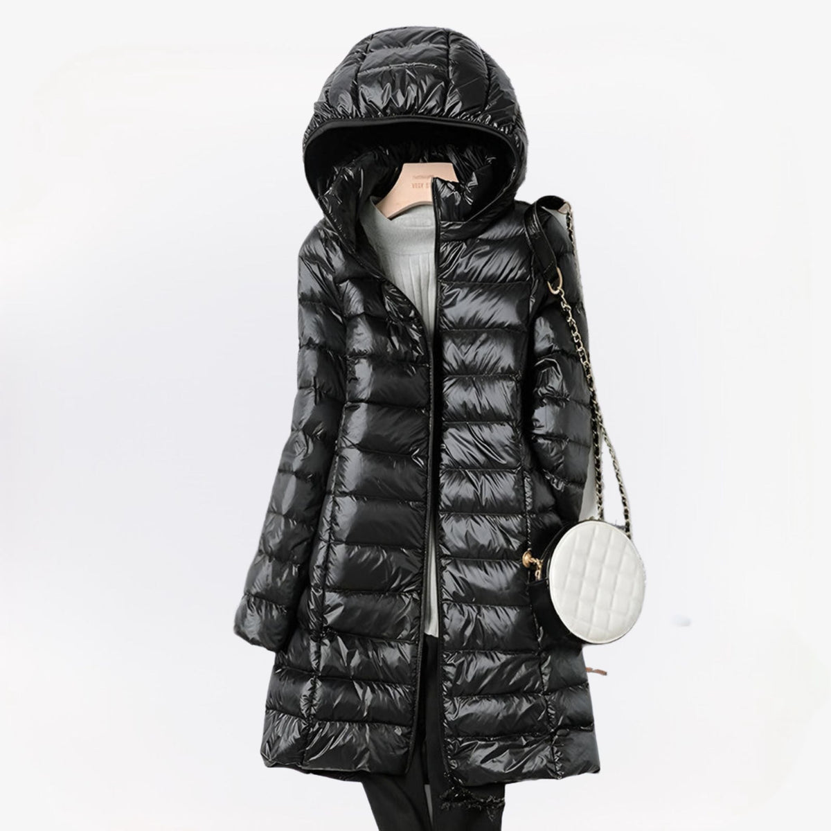 Women's hooded quilted longline puffer jacket with zip front