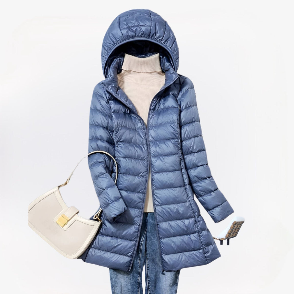 Women's hooded quilted longline puffer jacket with zip front