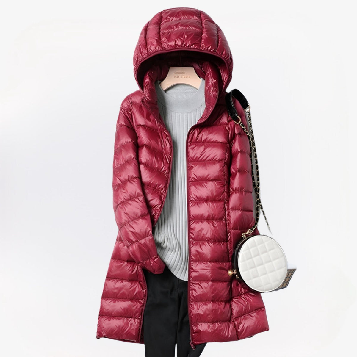 Women's hooded quilted longline puffer jacket with zip front