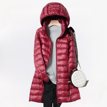 Women's hooded quilted longline puffer jacket with zip front