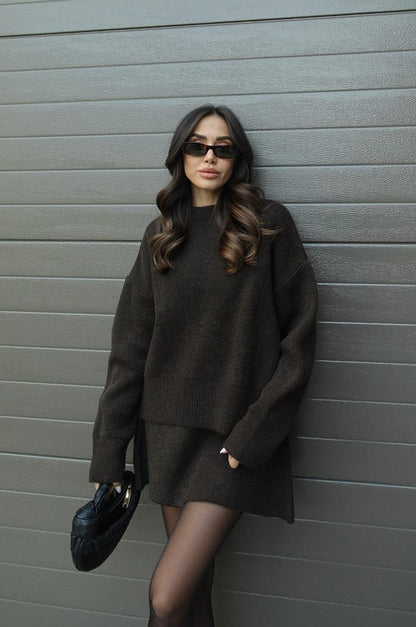 Women's long-sleeve knit sweater and short skirt set