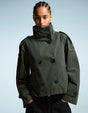 Women's cropped double-breasted jacket with stand collar, belt and long sleeves