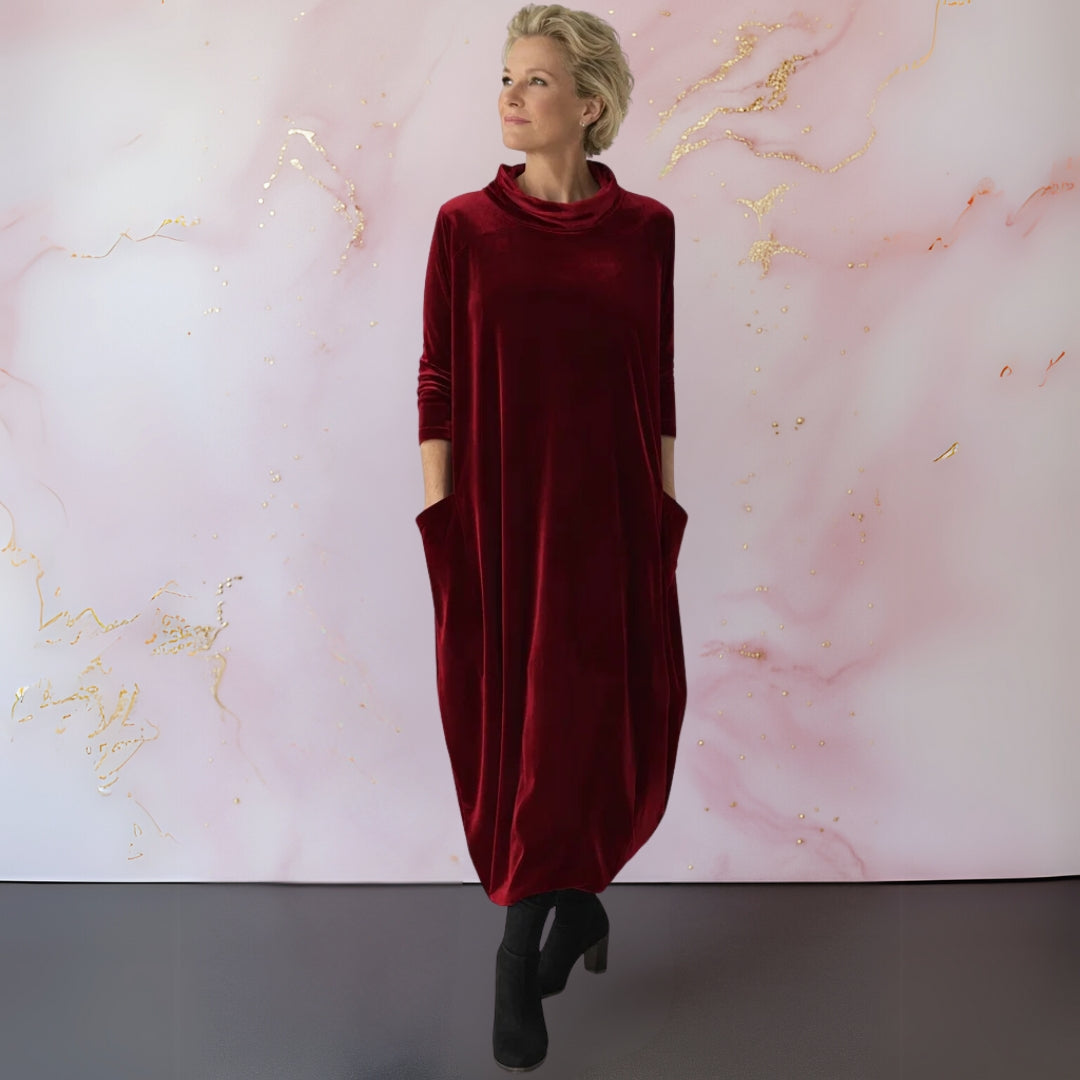 Women's long velvet dress with cowl neckline, three-quarter sleeves and side pockets
