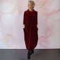 Women's long velvet dress with cowl neckline, three-quarter sleeves and side pockets