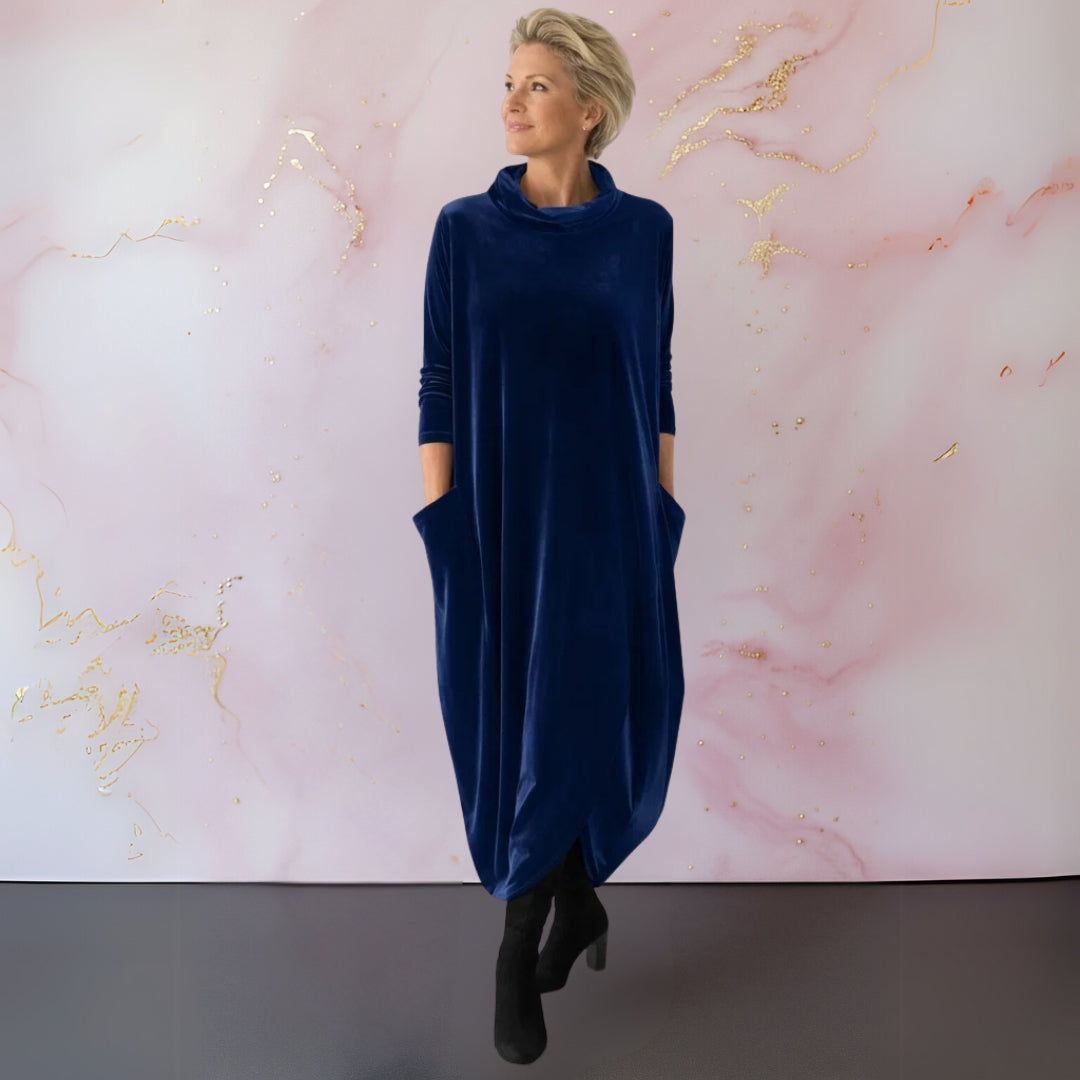 Women's long velvet dress with cowl neckline, three-quarter sleeves and side pockets