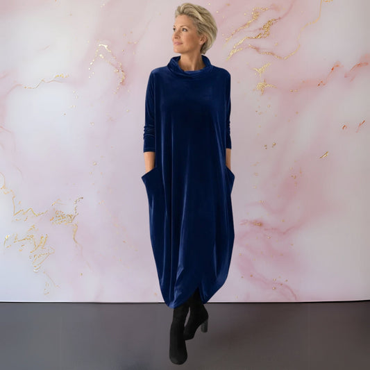 Women's long velvet dress with cowl neckline, three-quarter sleeves and side pockets