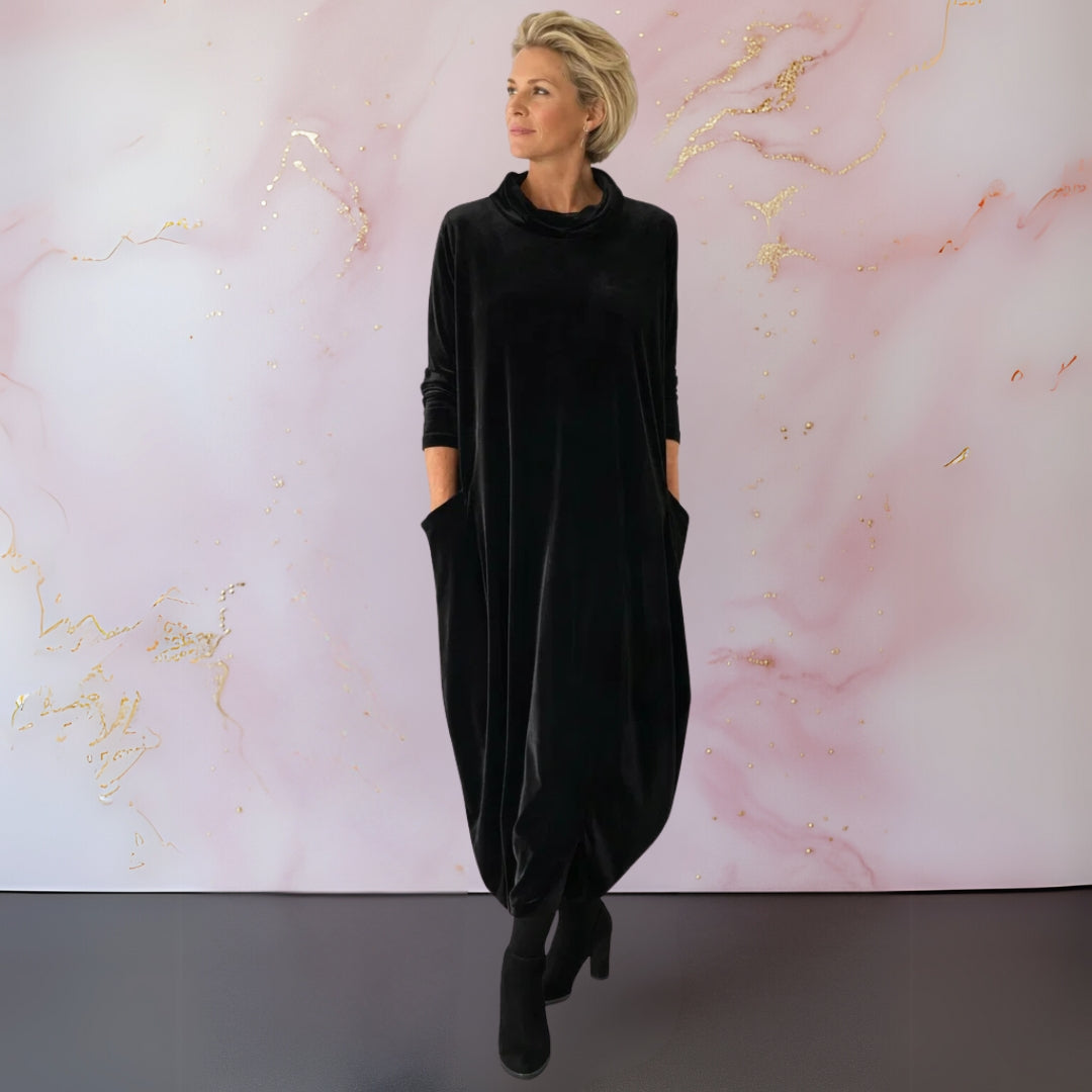 Women's long velvet dress with cowl neckline, three-quarter sleeves and side pockets