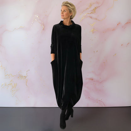 Women's long velvet dress with cowl neckline, three-quarter sleeves and side pockets