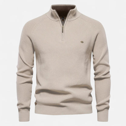 Men's half-zip sweater with raised collar and ribbed trims
