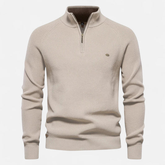 Men's half-zip sweater with raised collar and ribbed trims