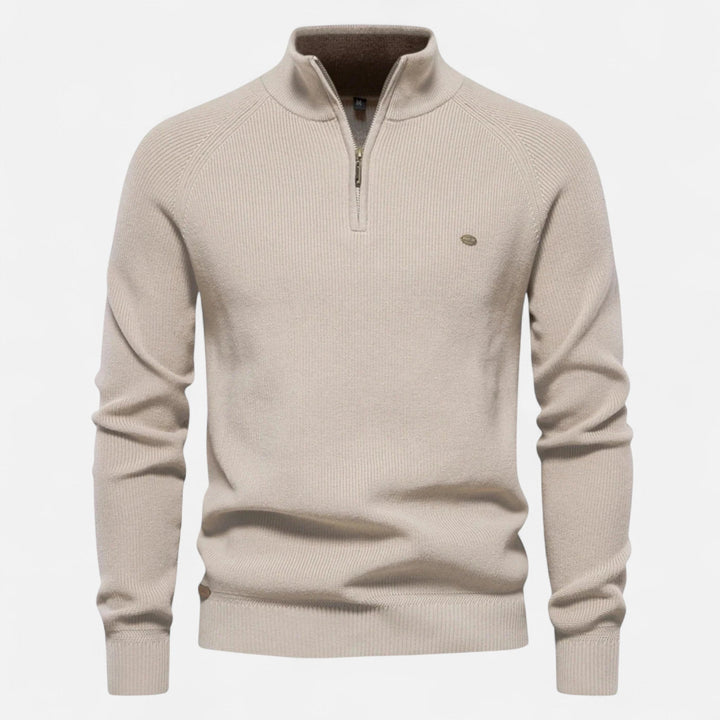 Men's half-zip sweater with raised collar and ribbed trims
