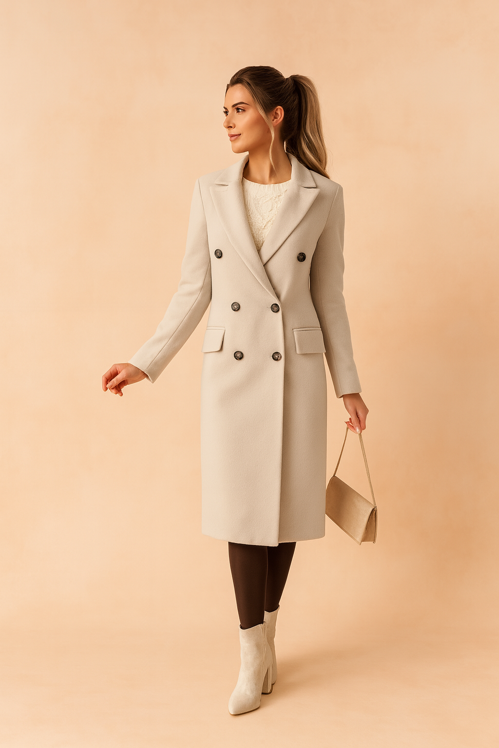 Women's double-breasted long coat with lapels and flap pockets