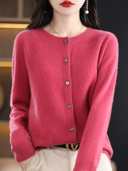 Women's long-sleeve button cardigan with crew neckline and ribbed trims