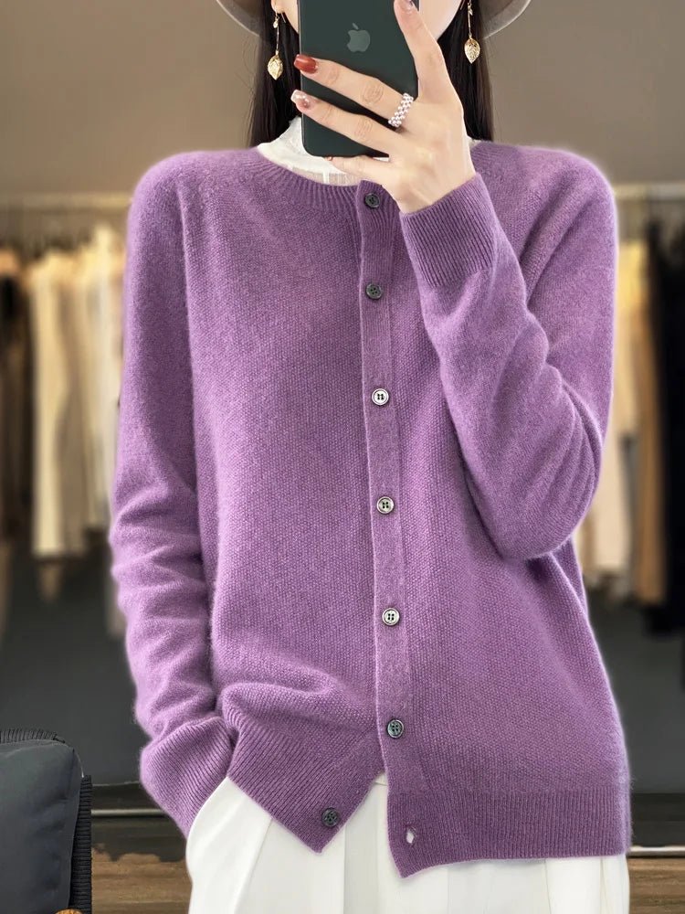 Women's long-sleeve button cardigan with crew neckline and ribbed trims