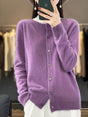 Women's long-sleeve button cardigan with crew neckline and ribbed trims