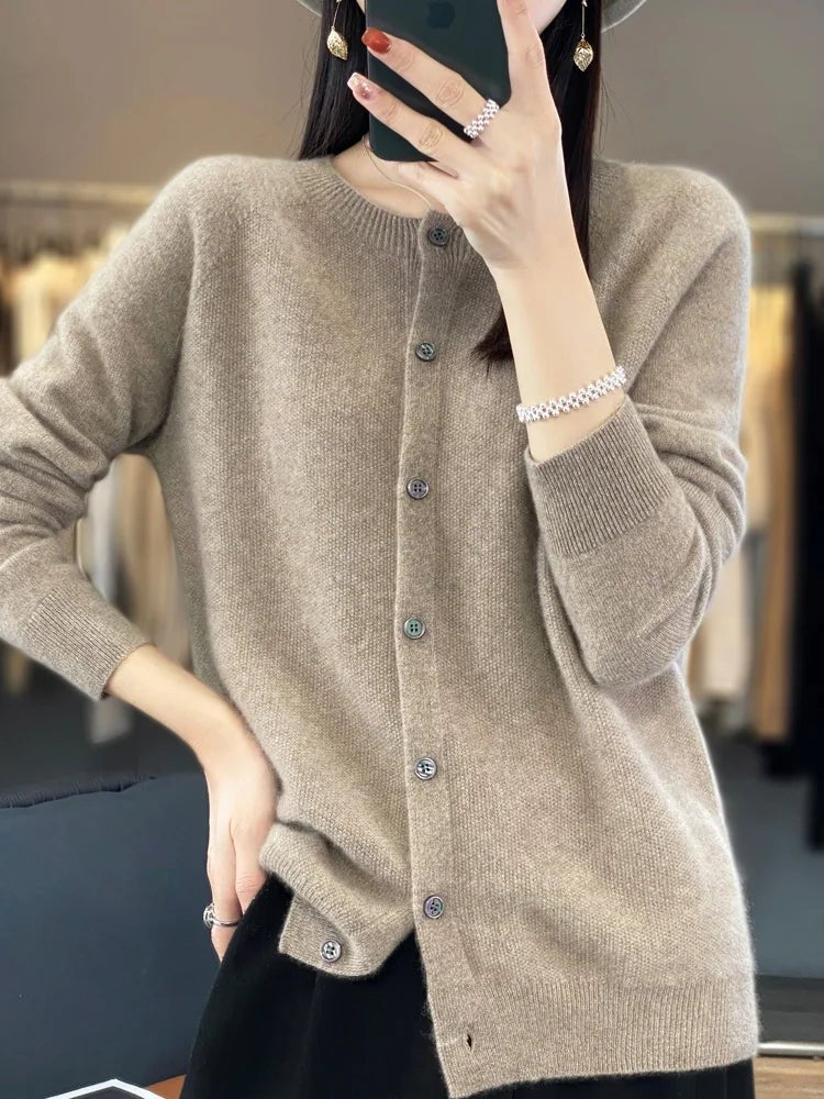 Women's long-sleeve button cardigan with crew neckline and ribbed trims