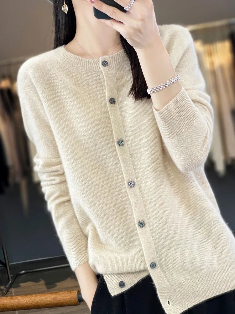 Women's long-sleeve button cardigan with crew neckline and ribbed trims