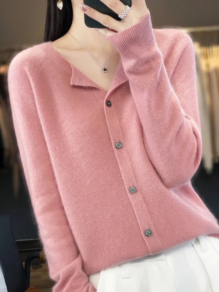 Women's long-sleeve button cardigan with crew neckline and ribbed trims
