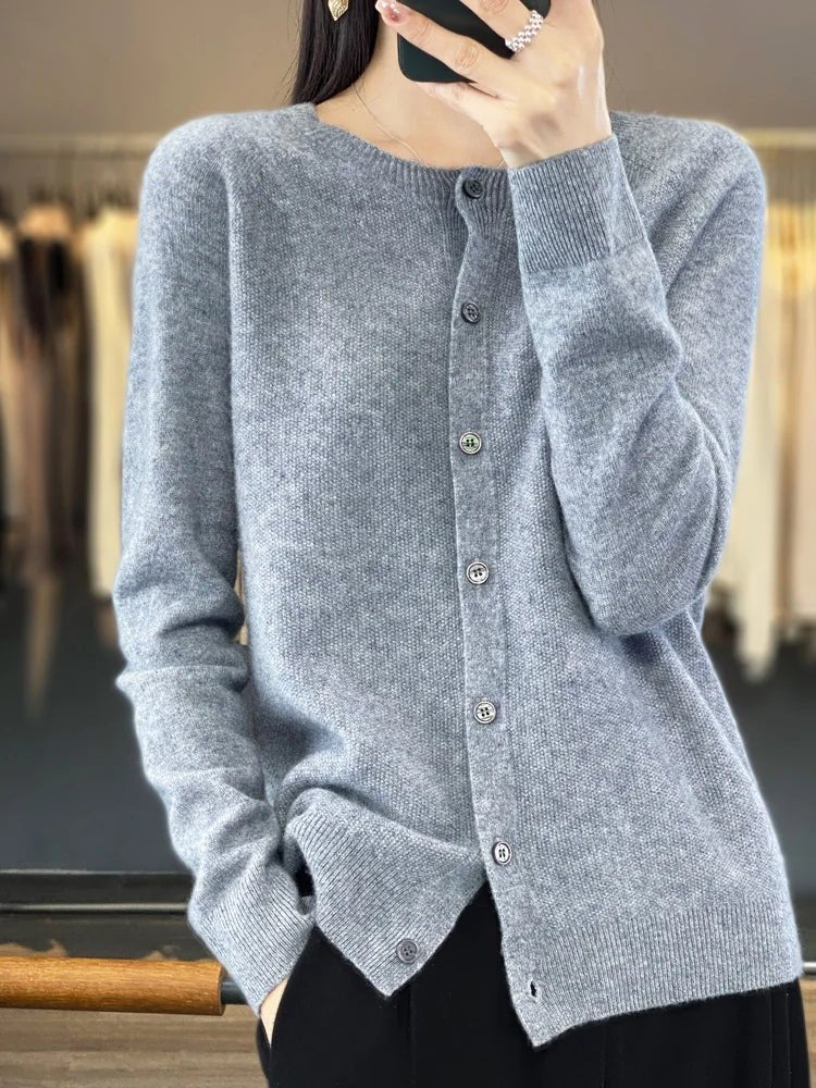 Women's long-sleeve button cardigan with crew neckline and ribbed trims
