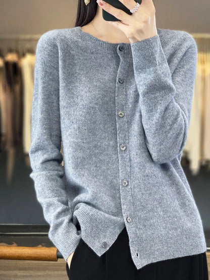Women's long-sleeve button cardigan with crew neckline and ribbed trims