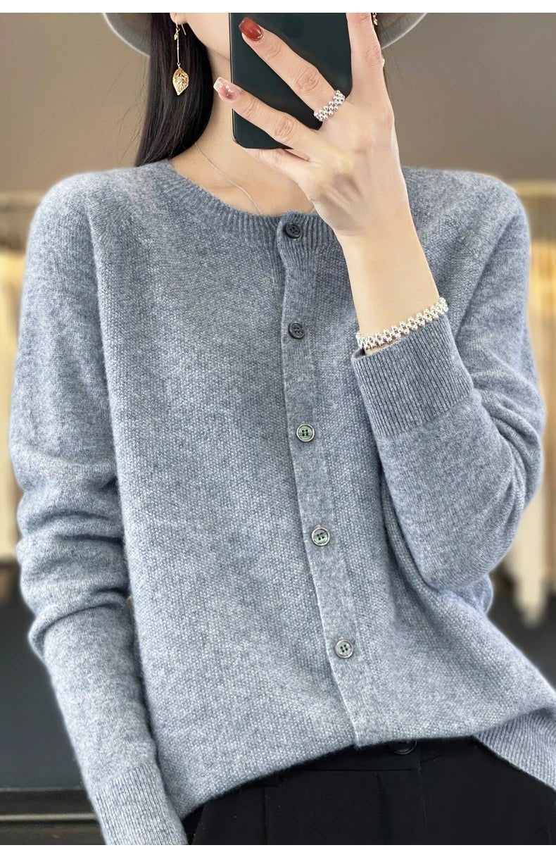 Women's long-sleeve button cardigan with crew neckline and ribbed trims