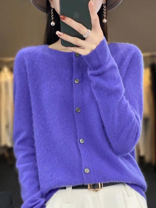 Women's long-sleeve button cardigan with crew neckline and ribbed trims