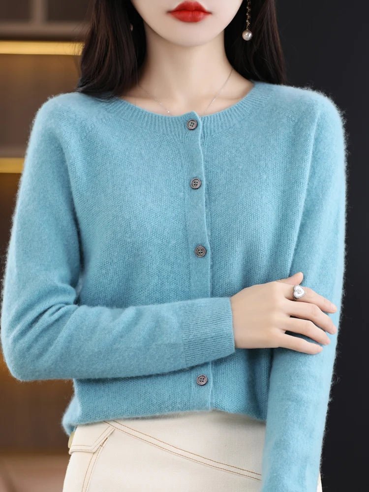 Women's long-sleeve button cardigan with crew neckline and ribbed trims