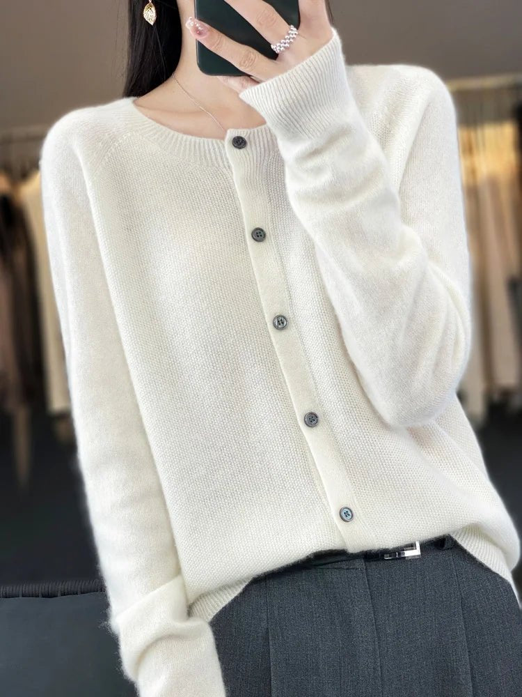 Women's long-sleeve button cardigan with crew neckline and ribbed trims