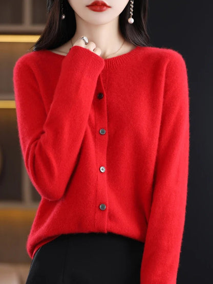 Women's long-sleeve button cardigan with crew neckline and ribbed trims
