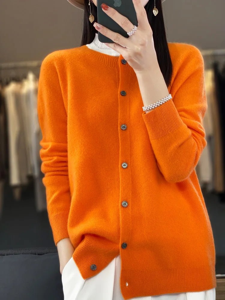 Women's long-sleeve button cardigan with crew neckline and ribbed trims