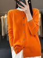 Women's long-sleeve button cardigan with crew neckline and ribbed trims