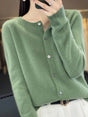 Women's long-sleeve button cardigan with crew neckline and ribbed trims