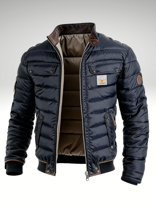 Men's navy quilted jacket with stand collar and zip front