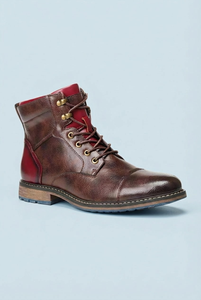 Men's brown lace-up ankle boots with round toes and low heels