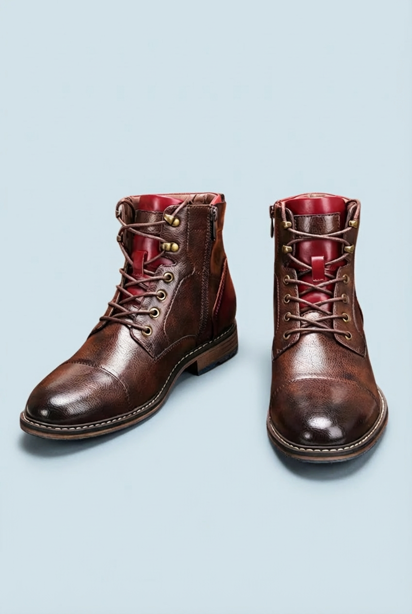 Men's brown lace-up ankle boots with round toes and low heels