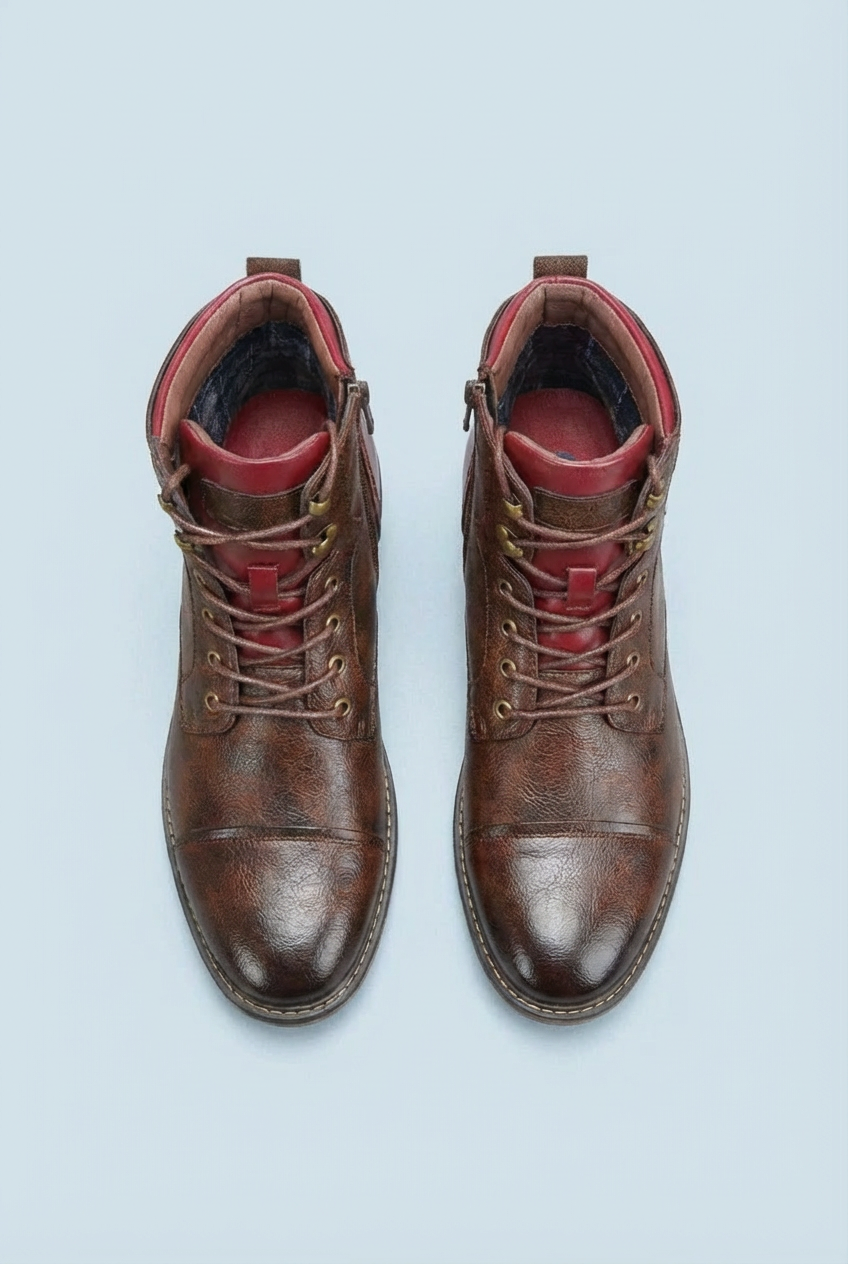 Men's brown lace-up ankle boots with round toes and low heels