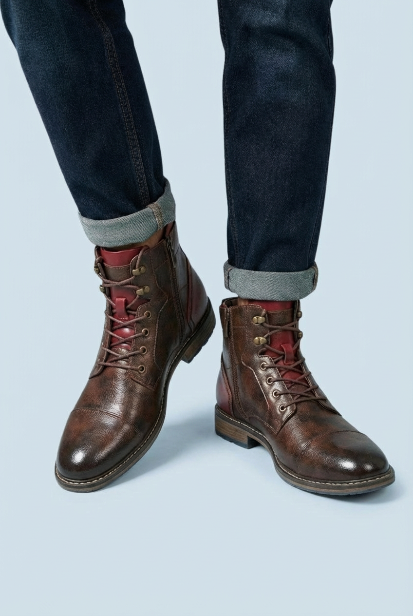 Men's brown lace-up ankle boots with round toes and low heels