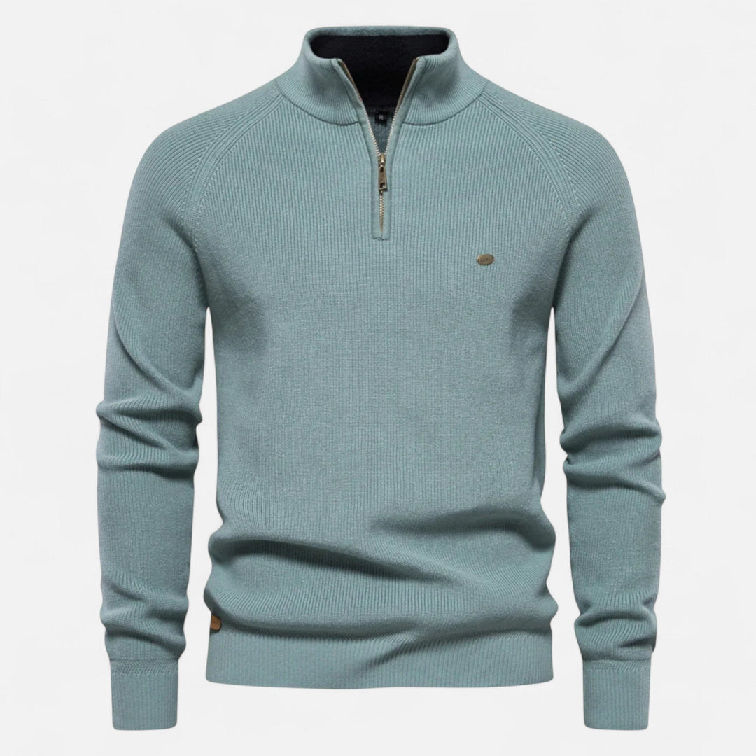 Men's half-zip sweater with raised collar and ribbed trims