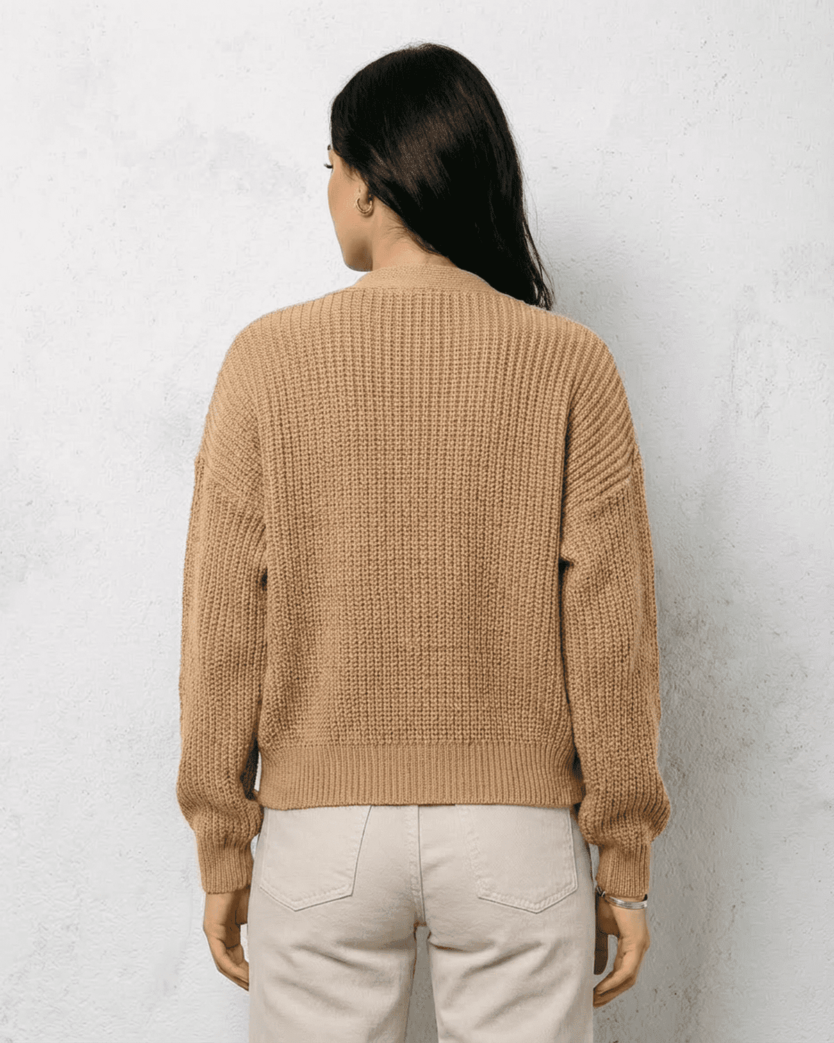 Women's beige textured V-neck cardigan with buttons and long sleeves