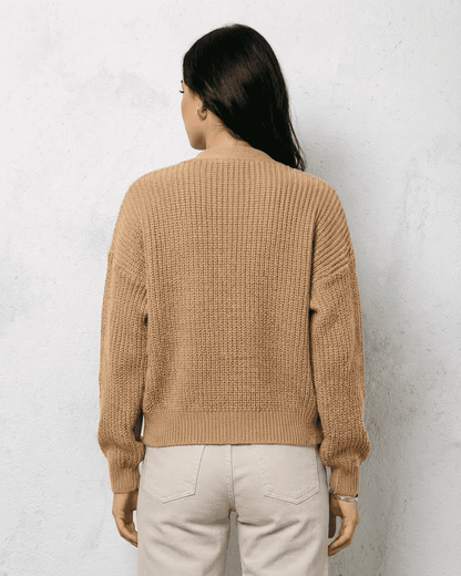 Women's beige textured V-neck cardigan with buttons and long sleeves