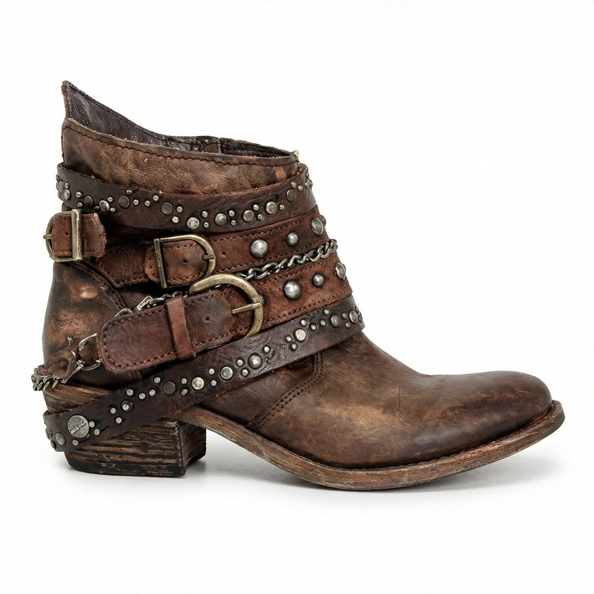 Women's studded ankle boots with multiple buckle straps and low block heels