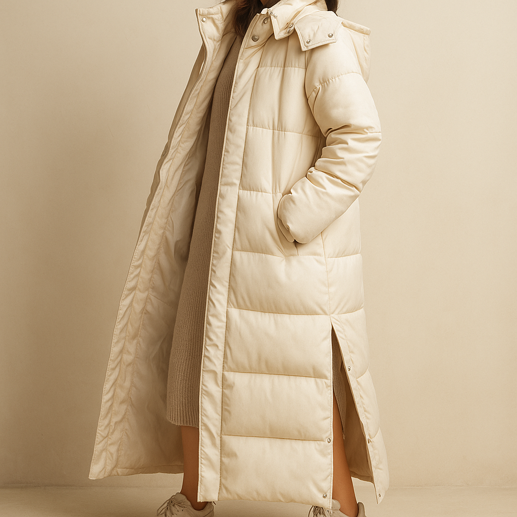 Women's long hooded quilted puffer coat with side pockets