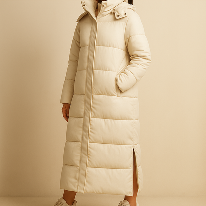 Women's long hooded quilted puffer coat with side pockets