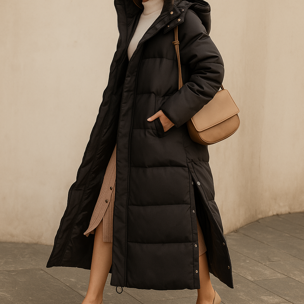 Women's long hooded quilted puffer coat with side pockets