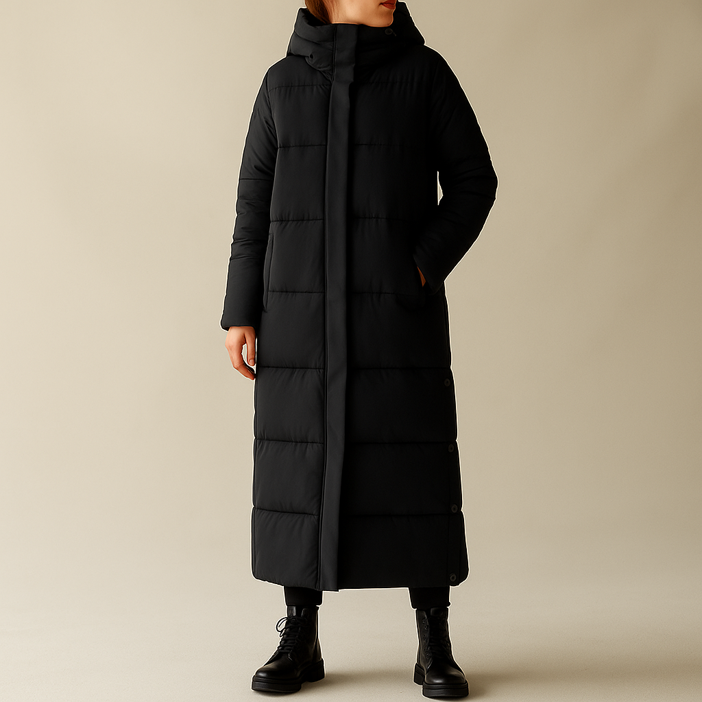 Women's long hooded quilted puffer coat with side pockets