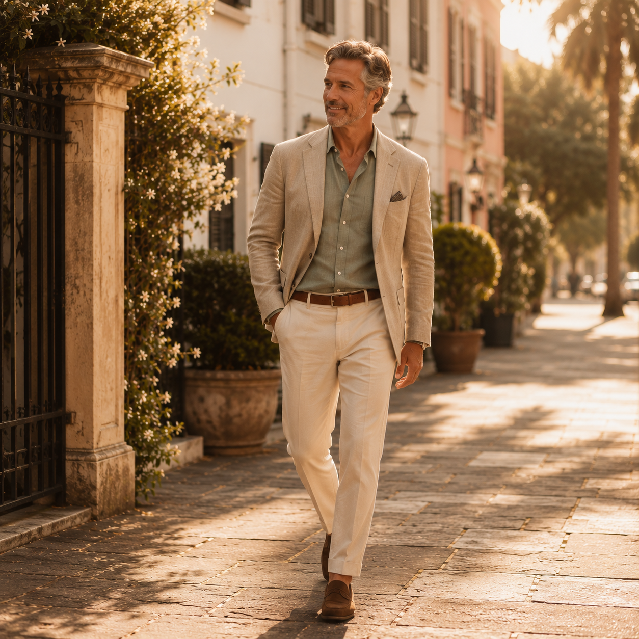 Man in a linen suit walking a sunlit street