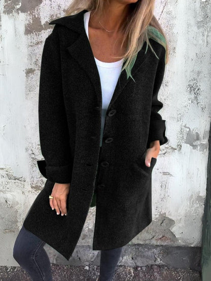Women's lapel collar button-front coat with long sleeves and front pockets