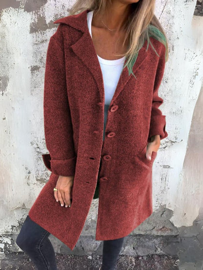 Women's lapel collar button-front coat with long sleeves and front pockets