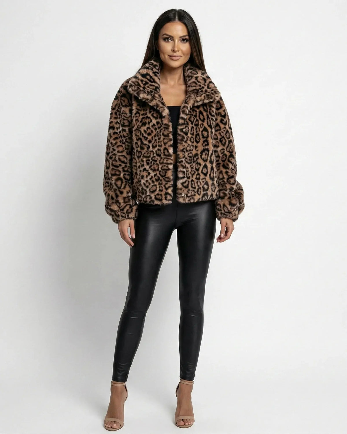 Women's brown leopard print faux fur jacket with wide collar and front zipper