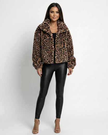 Women's brown leopard print faux fur jacket with wide collar and front zipper